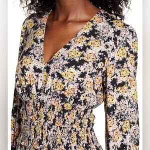 💋Nordstroms AFRM Hazel Smocked Black/Yellow Floral Elegant Midi-Dress Sz. XS💋